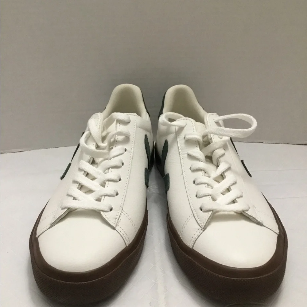 Veja White Sneakers with Green V Logo and Brown Sole